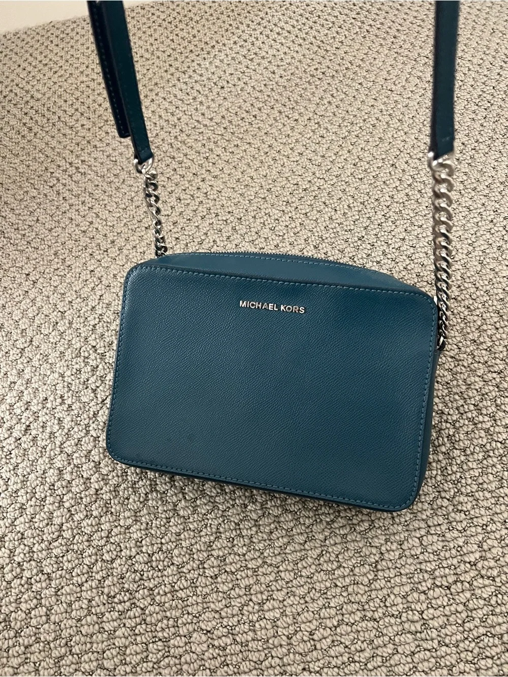 Michael Kors Teal Saffiano Crossbody Satchel Bag with Silver Link Chain - Picture 6 of 6